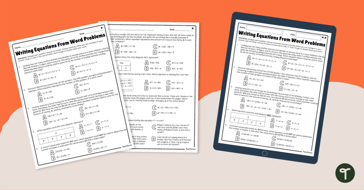 Writing Equations From Word Problems Differentiated Digital