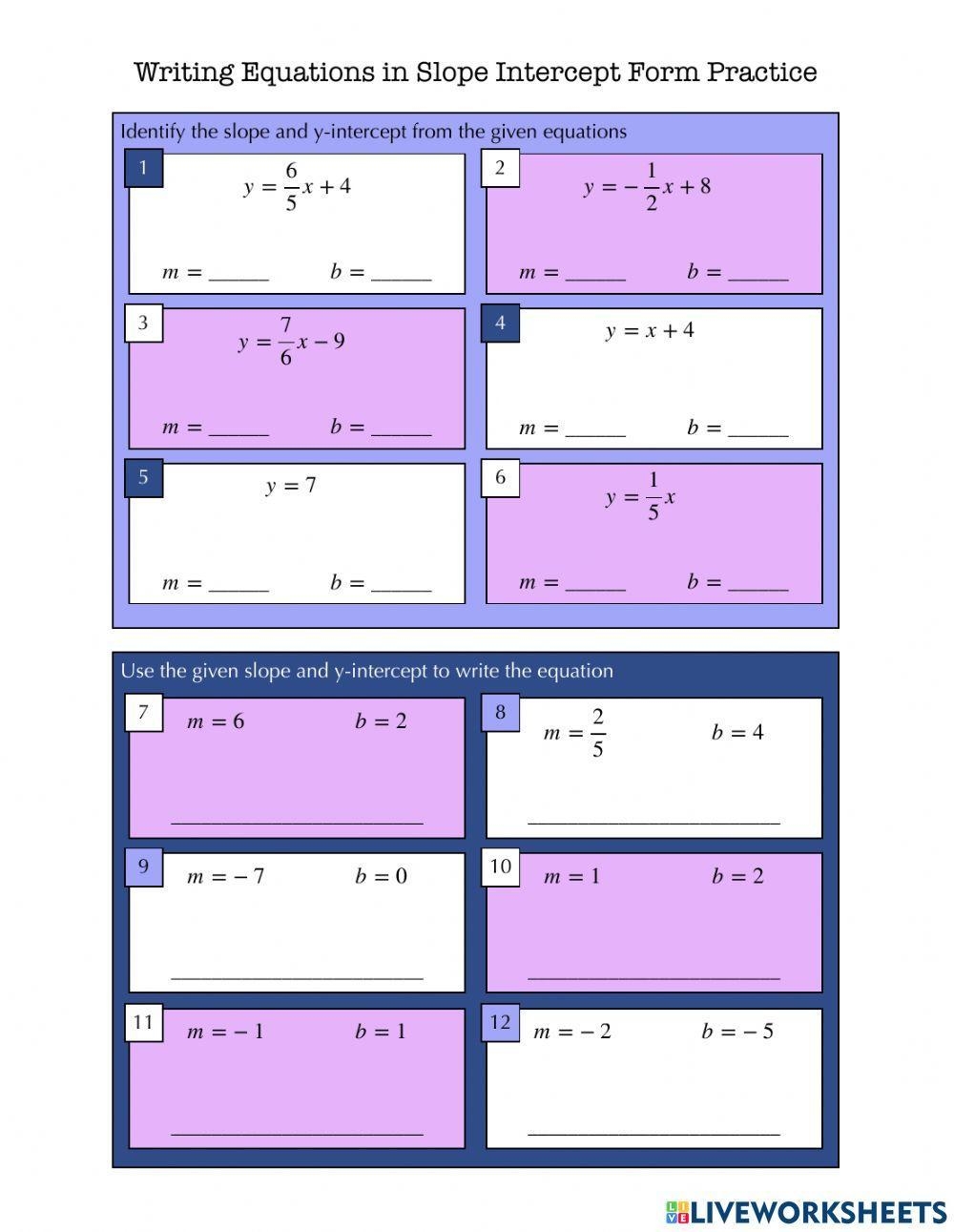 Writing Equations In Slope Intercept Form Practice Worksheet