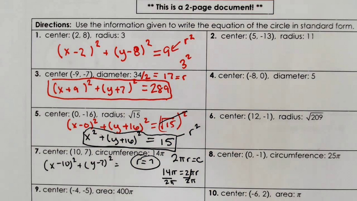 Writing Equations Of Circles Worksheet Answers Printable PDF Template