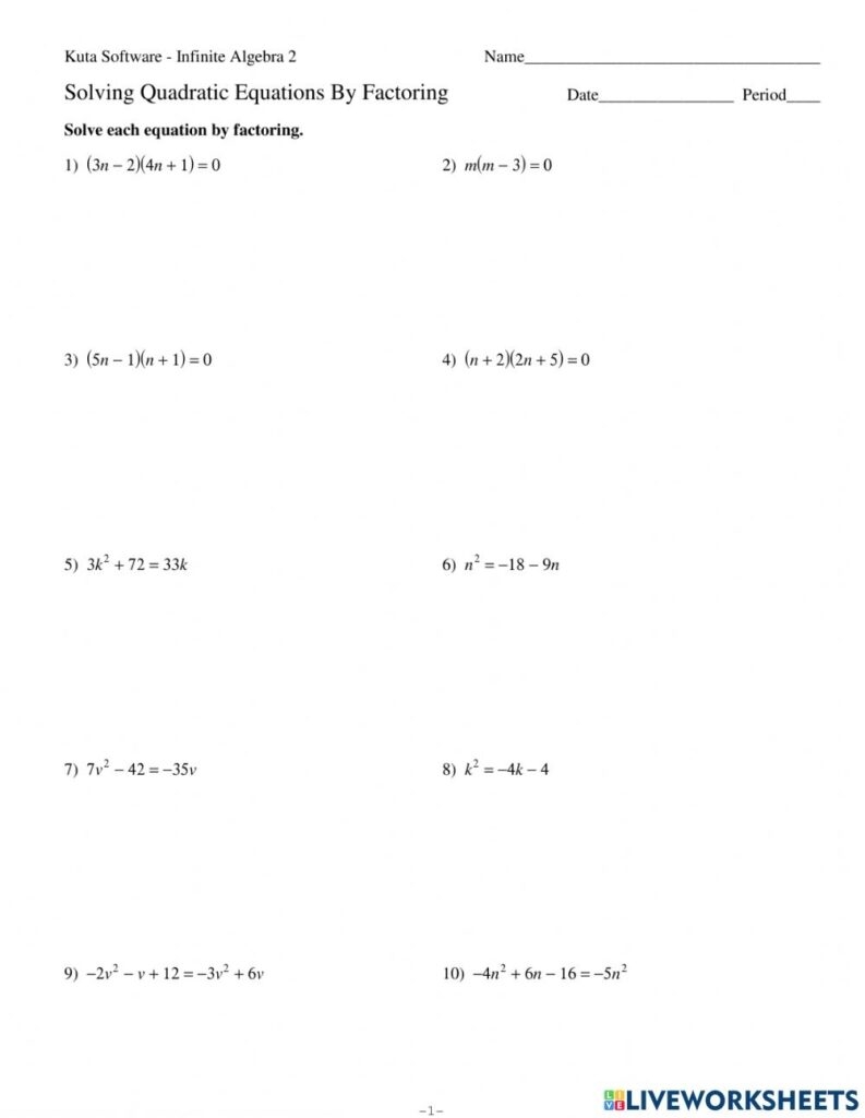Writing Quadratic Equations From Tables Worksheet Pdf Printable 
