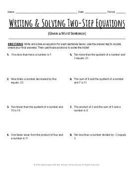 Writing Solving Two Step Equations Worksheet By Mathematics With 