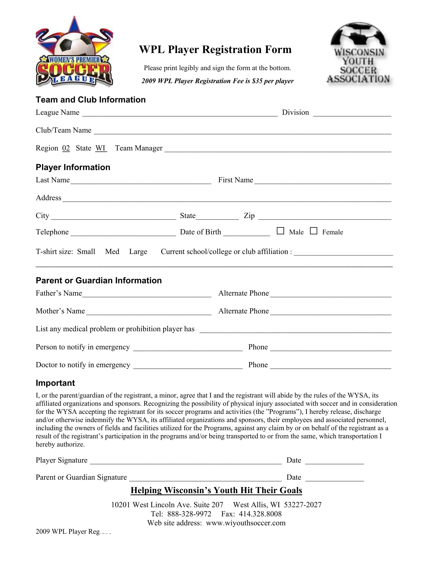 Player Registration Form Fill Out Printable PDF Forms
