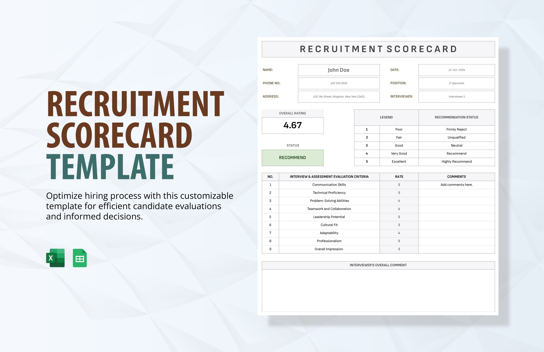 Recruitment Scorecard Template In Excel Google Sheets Download Template 