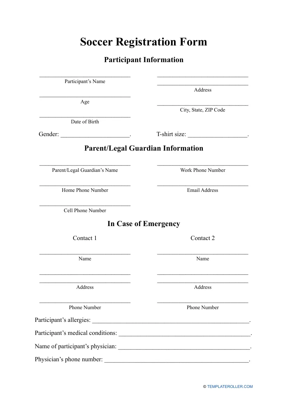 Printable Sports Registration Form Template